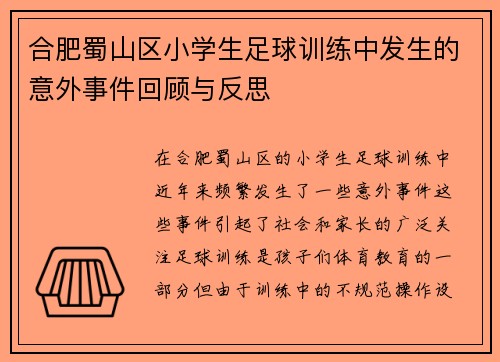 合肥蜀山区小学生足球训练中发生的意外事件回顾与反思